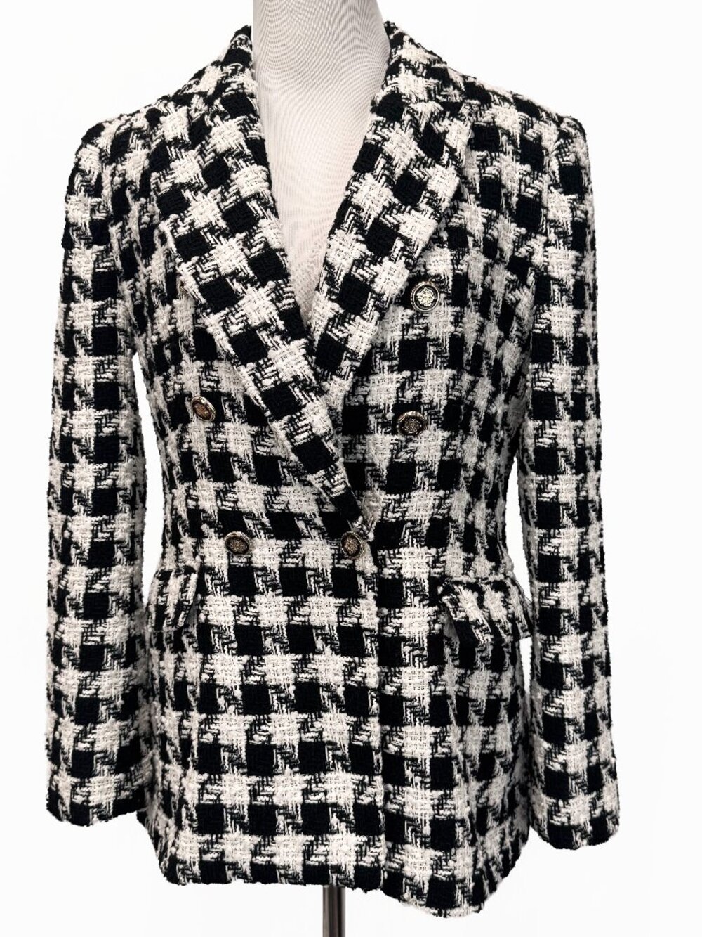 Zara Women's S Black and White double-breasted houndstooth check textured Blazer